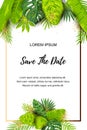 Green summer tropical background with exotic leaves and golden frame Royalty Free Stock Photo