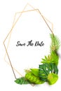 Green summer tropical background with exotic leaves and golden frame Royalty Free Stock Photo