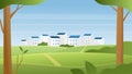 Green summer urban landscape vector illustration, cartoon flat cityscape with town houses on horizon, road to city among Royalty Free Stock Photo