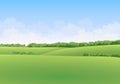 Green summer vector landscape with meadows and trees in the background with clouds in blue sky Royalty Free Stock Photo