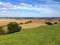 Green fields with trees, hills and blue sky in the English countryside Royalty Free Stock Photo