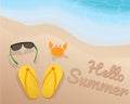 Green sun glasses, yellow sandals, orange crab and hello summer on the sand with the blue tone of the wave at the beach.