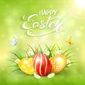 Green sunny background with Easter eggs in grass Royalty Free Stock Photo