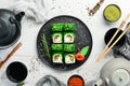 Green sushi. Japanese sushi with Chuka salad. Asian Diet Food.