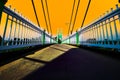 Green suspension bridge with yellow sky across Nan River at Chum Saeng District Royalty Free Stock Photo