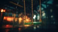 A green swing set in the rain with a chain attached, AI