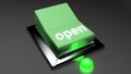 Green switch OPEN with green led on on black desk - 3D rendering illustration