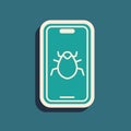 Green System bug on mobile icon isolated on green background. Code bug concept. Bug in the system. Bug searching. Long Royalty Free Stock Photo