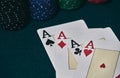 on the green table, highlights a set of four aces, in poker game next to the colored chips Royalty Free Stock Photo