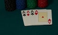 on the green table, a set of four aces is highlighted, at the bottom of the image with poker chips next to it leaving plenty of Royalty Free Stock Photo