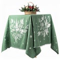 Green Tablecloth with White Floral Pattern and Holiday Basket Decor Royalty Free Stock Photo
