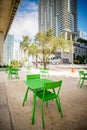 Green tables Miami Brickell Underline. Downtown city park space