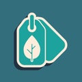 Green Tag with leaf symbol icon isolated on green background. Banner, label, tag, logo, sticker for eco green. Long Royalty Free Stock Photo