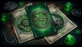 Green tarot cards with different mystical objects on white wood. Spiritual concept