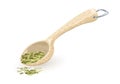 Green tarragon spice is in measuring wooden or plastic spoon, scoop.