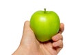 Green tasty apple in a hand with white background