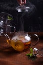 Green tea with Apple slices, cinnamon Royalty Free Stock Photo