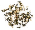 Green tea with aromatic additives. Top view on white background