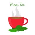 Green tea - asian drink. Red cup, leaves of matcha Royalty Free Stock Photo