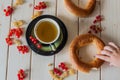 Green tea, bagel and currant Royalty Free Stock Photo