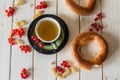 Green tea, bagel and currant Royalty Free Stock Photo