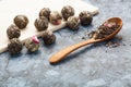 Green tea balls with wooden spoon Royalty Free Stock Photo