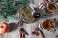 Green tea beautifully brewed in a glass teapot outdoors in the forestBlack Royalty Free Stock Photo