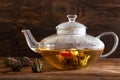 Green tea. Blooming flower in glass teapot Royalty Free Stock Photo