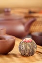 Green tea buds, ceramic teapot, cups, wooden tea tray and other attributes for a traditional tea ceremony. Royalty Free Stock Photo