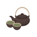 Green tea ceramic pot and cups icon for Japanese cuisine or sushi bar and restaurant menu design template. Vector