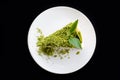 green tea cheese cake dessert on white dish Royalty Free Stock Photo