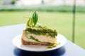 Green tea cheese cake dessert on white dish Royalty Free Stock Photo