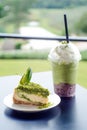 Green tea cheese cake dessert on white dish Royalty Free Stock Photo