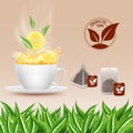 Green tea. Chinese nature aromatic drink. Ceramic cup. Hot beverage. Background with leaf or lemon piece. Product logo