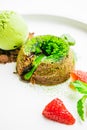 Green tea chocolate lava with ice cream and strawberry Royalty Free Stock Photo
