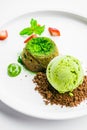 Green tea chocolate lava with ice cream and strawberry Royalty Free Stock Photo