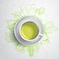 Green tea with circle ecology doodles. Sketched eco elements with cup of green tea, vector illustration