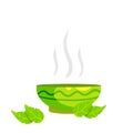 Green tea Cup and earthenware. Flat cartoon illustration with leaves. Piala bowl. National ethnic Oriental drink