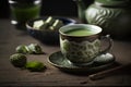 Green tea in a cup and green tea leafs on wooden background Royalty Free Stock Photo