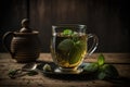 Green tea in a cup and leaves on the table. Glass mug. Royalty Free Stock Photo