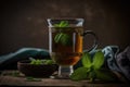 Green tea in a cup and leaves on the table. Glass mug. Royalty Free Stock Photo