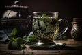 Green tea in a cup and leaves on the table. Glass mug. Royalty Free Stock Photo