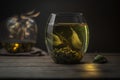 Green tea in a cup and leaves on the table. Glass mug. Royalty Free Stock Photo