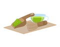 Green tea in a cup with matcha powder on bamboo spoon and whisk. Japanese traditional beverage on mat vector