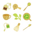 green tea flat design vector set with the serving object