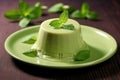 a green tea flavored pudding on a light brown background