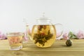 Green tea with flower bloom inside a glass teapot Royalty Free Stock Photo