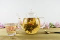 Green tea with flower bloom inside a glass teapot Royalty Free Stock Photo