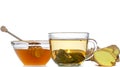 Green tea, ginger and honey over white background Royalty Free Stock Photo