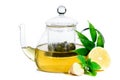 Green tea with ginger and mint with tea leaf in glass teapot iso Royalty Free Stock Photo